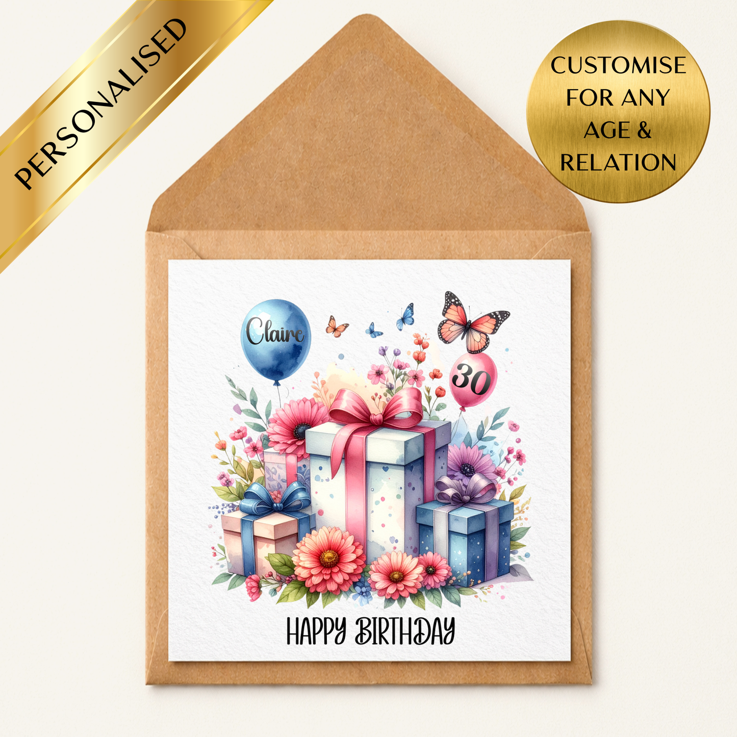 Personalised Milestone Birthday Card – Any Age Any Name Birthday Card – Custom Balloon Age Card – Floral Gift Box Birthday Card – Special Birthday Keepsake