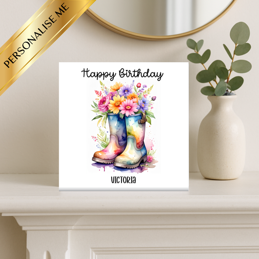 Personalised Birthday Card with Wellies & Flowers | Custom Name Birthday Card | Colourful Floral Wellington Boots Card | Unique Birthday Card for Her
