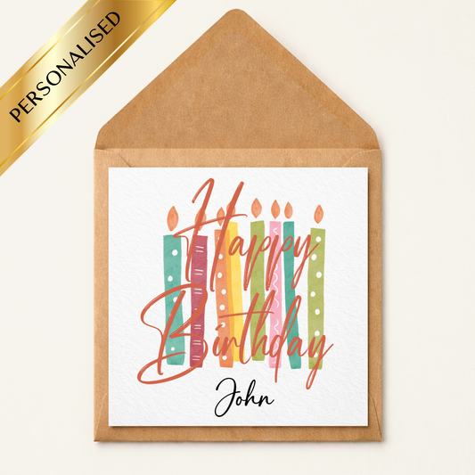 Personalised Happy Birthday Card, Custom Name Birthday Card, Colourful Candle Birthday Card, Personalised Birthday Card For Him Her, Any Name Card