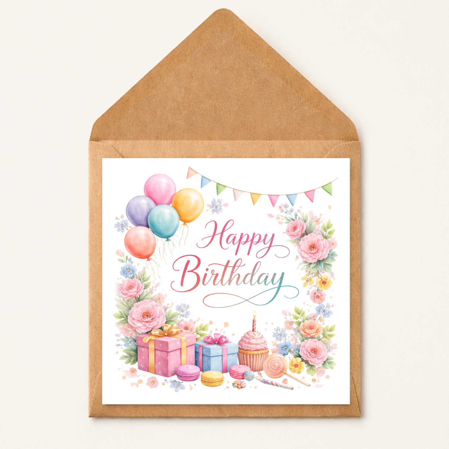 Personalised Happy Birthday Card, Floral Birthday Card, Any Name Birthday Card, Cute Birthday Card with Balloons, Gifts & Cake, Birthday Card for Her