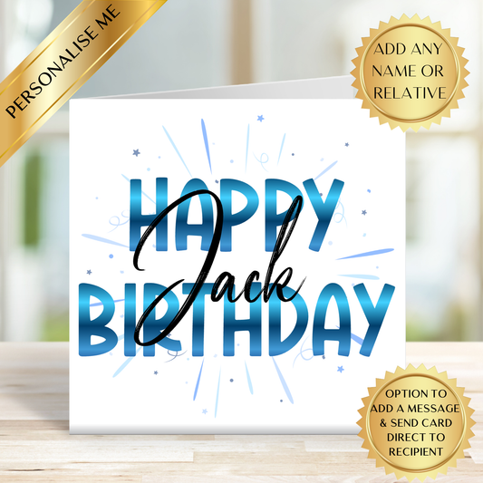 Personalised Happy Birthday Card – Any Name & Relation | Blue Modern Birthday Card | Custom Birthday Card
