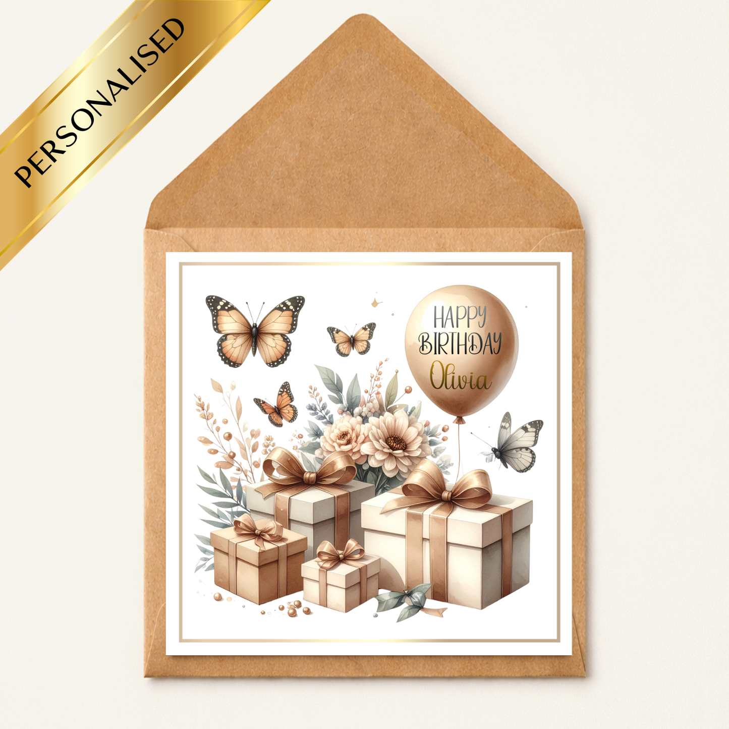 Personalised Butterfly Birthday Card – Elegant Neutral Birthday Card – Custom Name Balloon Card – Floral Birthday Card for Her – Luxury Birthday Card