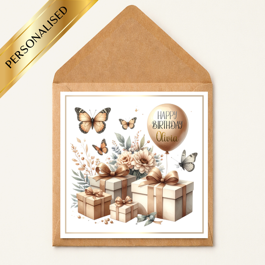 Personalised Butterfly Birthday Card – Elegant Neutral Birthday Card – Custom Name Balloon Card – Floral Birthday Card for Her – Luxury Birthday Card