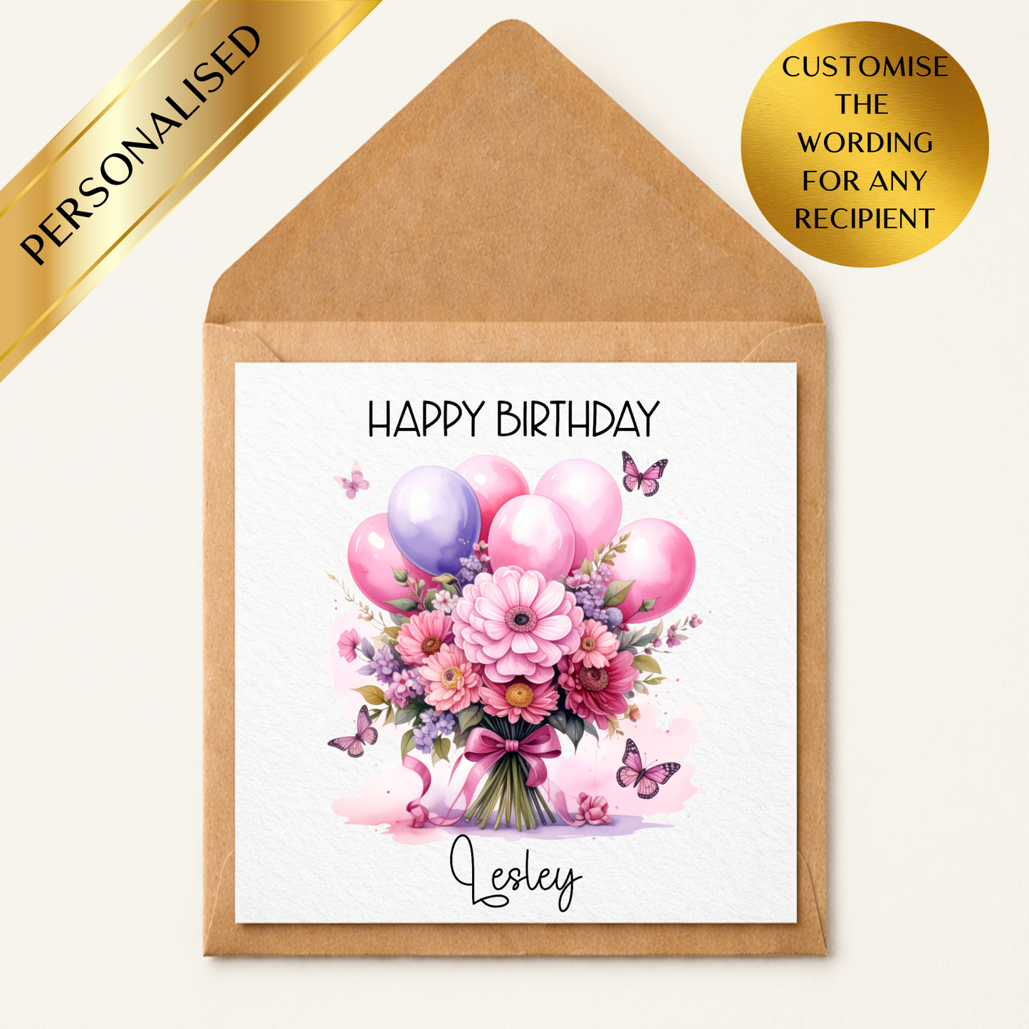 Personalised Birthday Card With Name | Floral Balloon Birthday Card | Custom Happy Birthday Card | Any Age Any Recipient | Pretty Flower Birthday Card