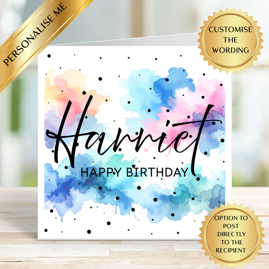 Personalised Watercolour Birthday Card – Custom Name Happy Birthday Card – Colourful Modern Polka Dot Card – Any Age Any Relation Birthday