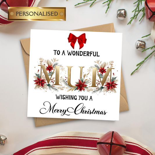 Personalised Mum Christmas Card – Luxury Floral Festive Design, Custom Name Option, Special Mum Xmas Card, Holiday Greeting Card
