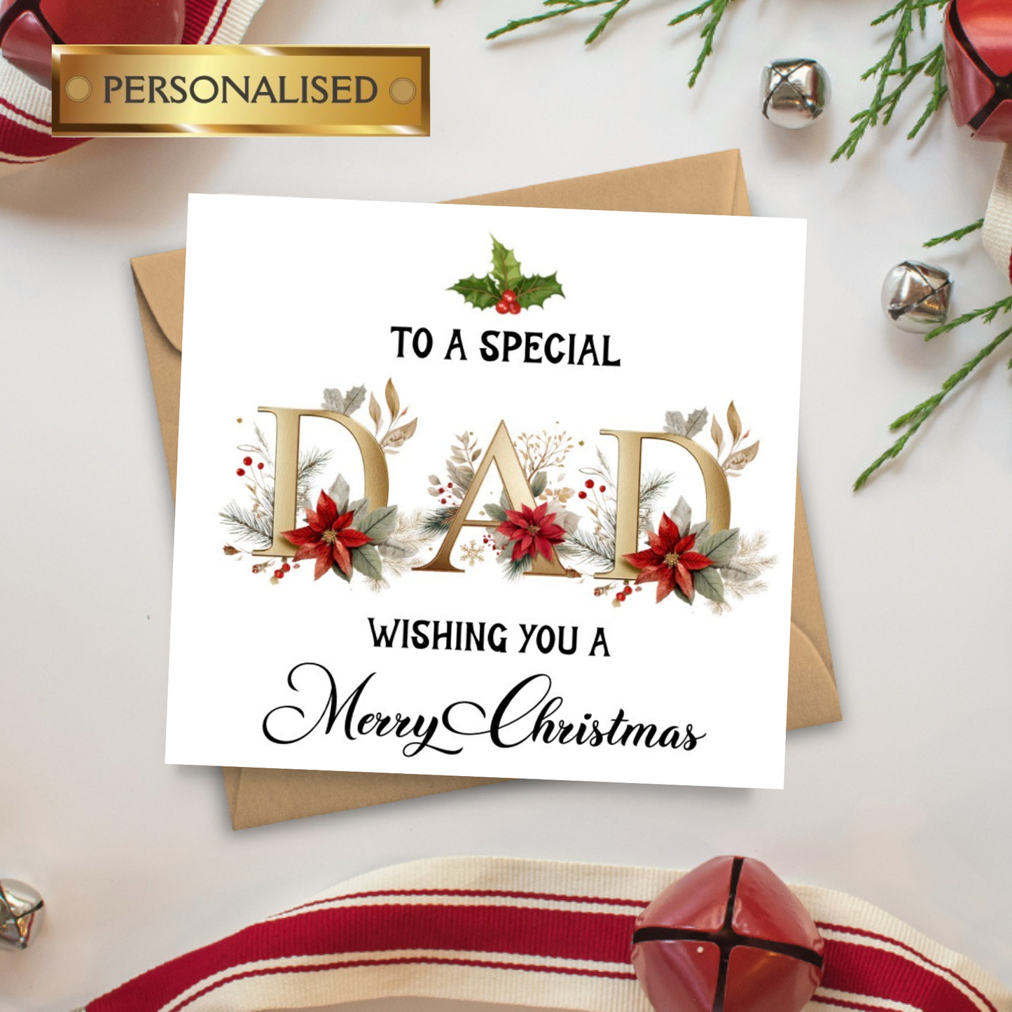 Personalised Dad Christmas Card – Luxury Floral Festive Design, Custom Name Option, Special Dad Xmas Card, Holiday Greeting Card