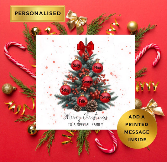 Personalised Family Bauble Christmas Card – Any Names – Special Family Christmas Card – Custom Tree Card – Printed Message Option