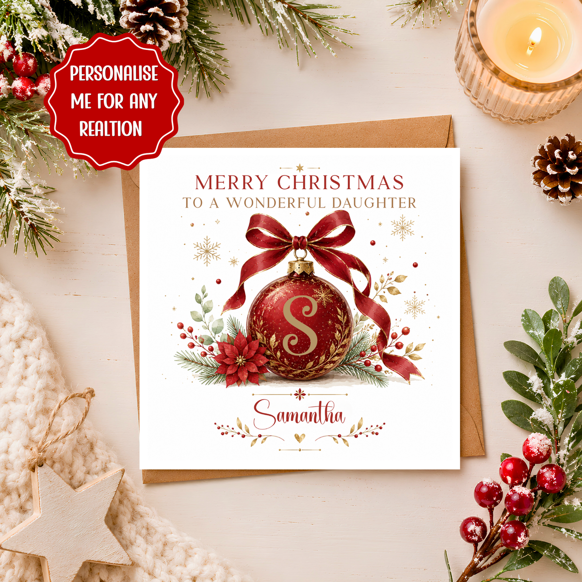 Personalised Christmas Card for Any Relation, Personalised Initial & Name Xmas Card, Custom Bauble Christmas Card, Personalised Xmas Card
