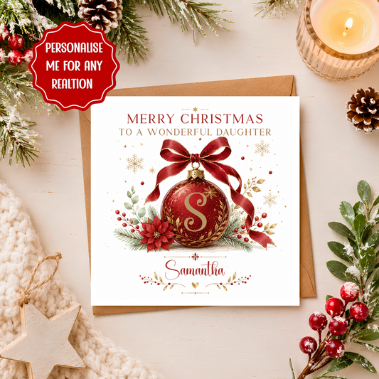 Personalised Christmas Card for Any Relation, Personalised Initial & Name Xmas Card, Custom Bauble Christmas Card, Personalised Xmas Card