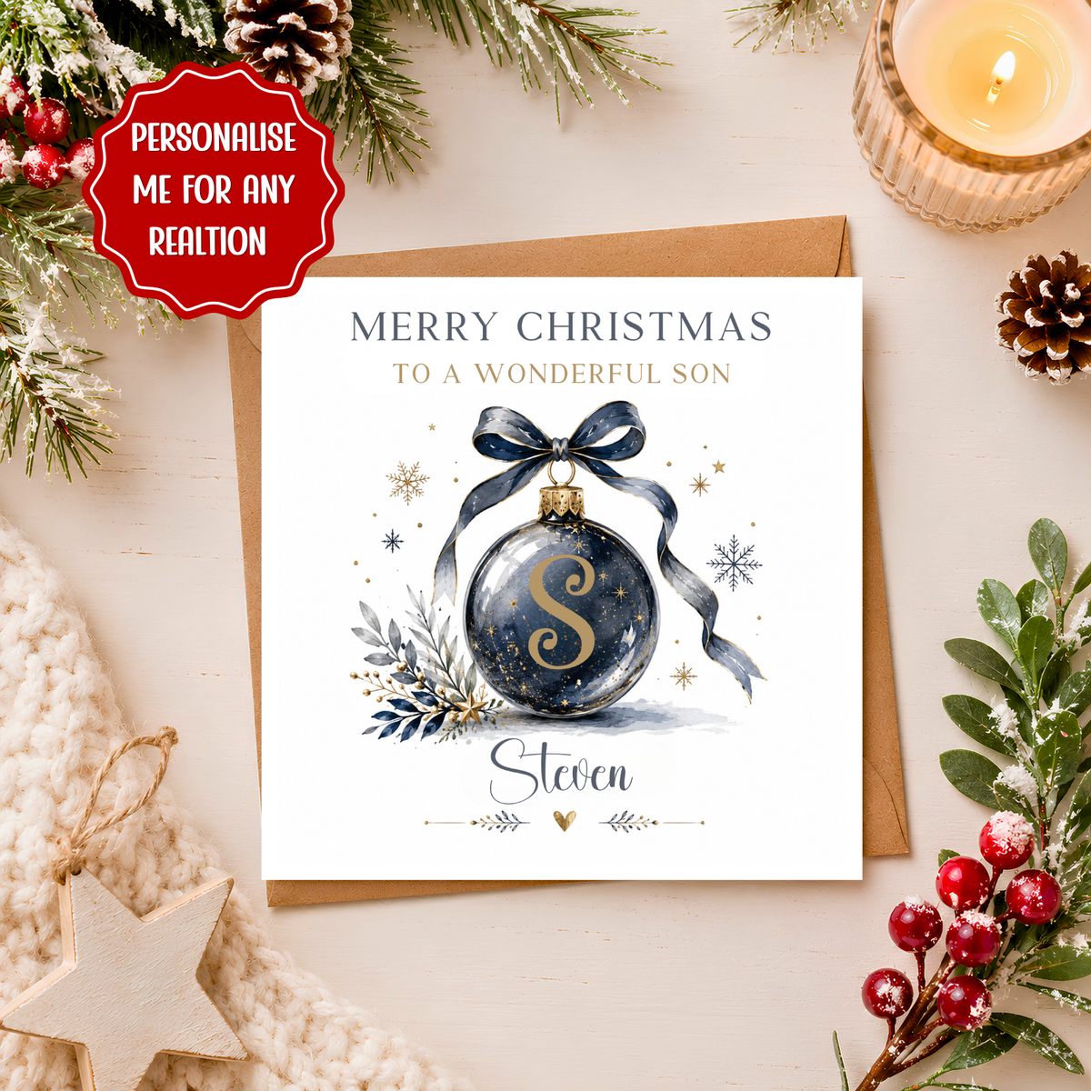 Personalised Christmas Card for Any Relation, Personalised Initial & Name Xmas Card, Custom Bauble Christmas Card, Personalised Xmas Card