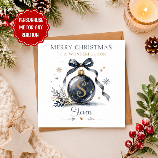 Personalised Christmas Card for Any Relation, Personalised Initial & Name Xmas Card, Custom Bauble Christmas Card, Personalised Xmas Card