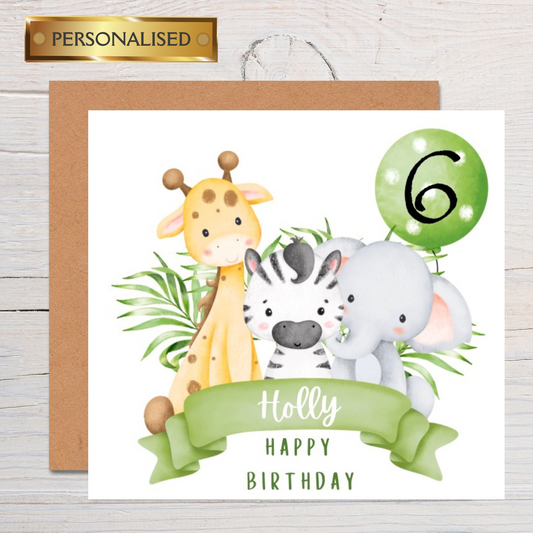 Personalised Kids Jungle Birthday Card – Custom Name and Age | Giraffe, Zebra & Elephant Safari Animal Greeting Card