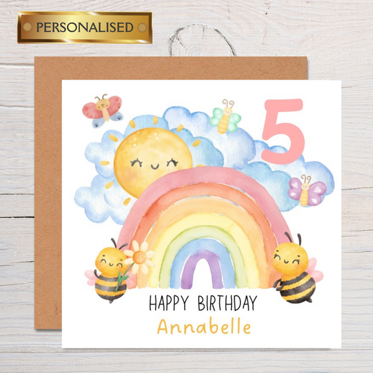 Personalised Rainbow Birthday Card: Cute Bee & Sunshine Design, Custom Name and Age Card for Kids