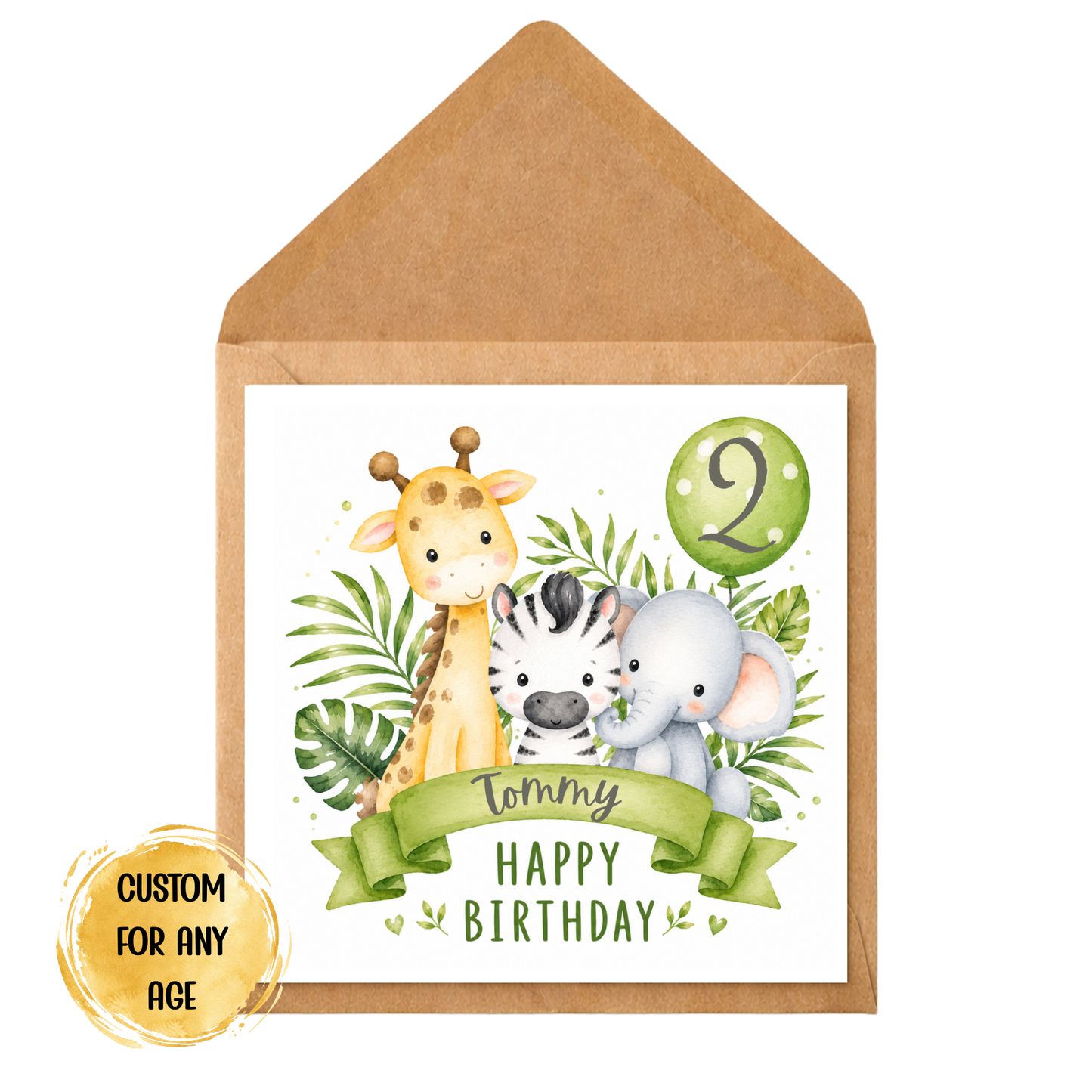 Personalised Kids Jungle Birthday Card – Custom Name and Age | Giraffe, Zebra & Elephant Safari Animal Greeting Card