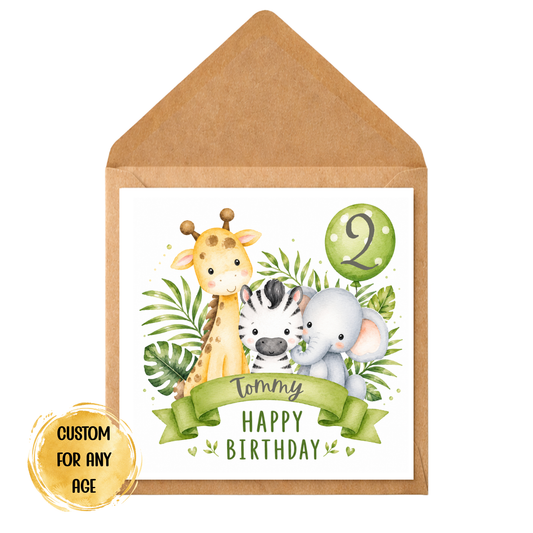Personalised Kids Jungle Birthday Card – Custom Name and Age | Giraffe, Zebra & Elephant Safari Animal Greeting Card