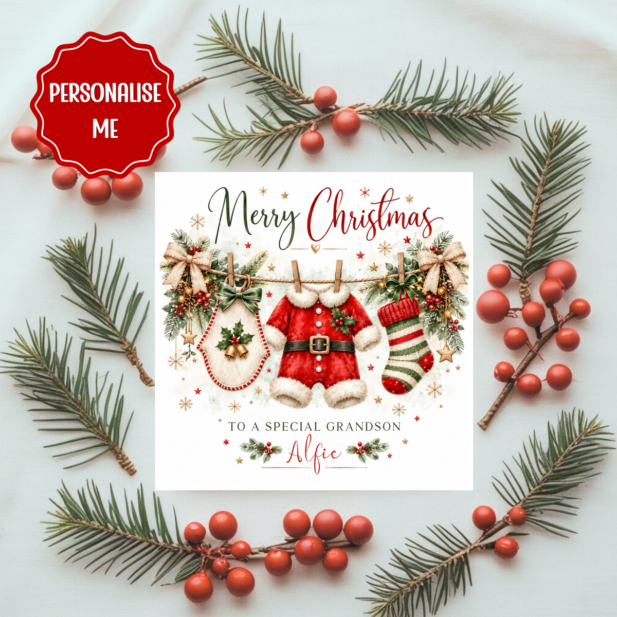Christmas Card for Grandson, Santa Suit Christmas Card, Festive Holiday Greeting, Personalised Christmas Card for Grandson