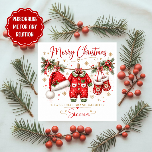 Personalised Christmas Card – Any Relation – Cute Baby Outfit Design – Custom Name Christmas Card – Kids Xmas Card – Printed Message Option