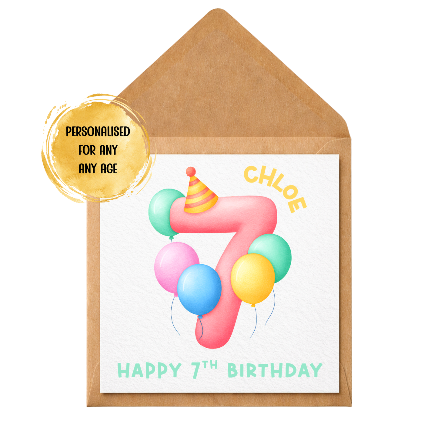 Personalised Birthday Card for Children | Any Age Birthday Card | Custom Name & Age Card | Watercolour Balloon Number Card