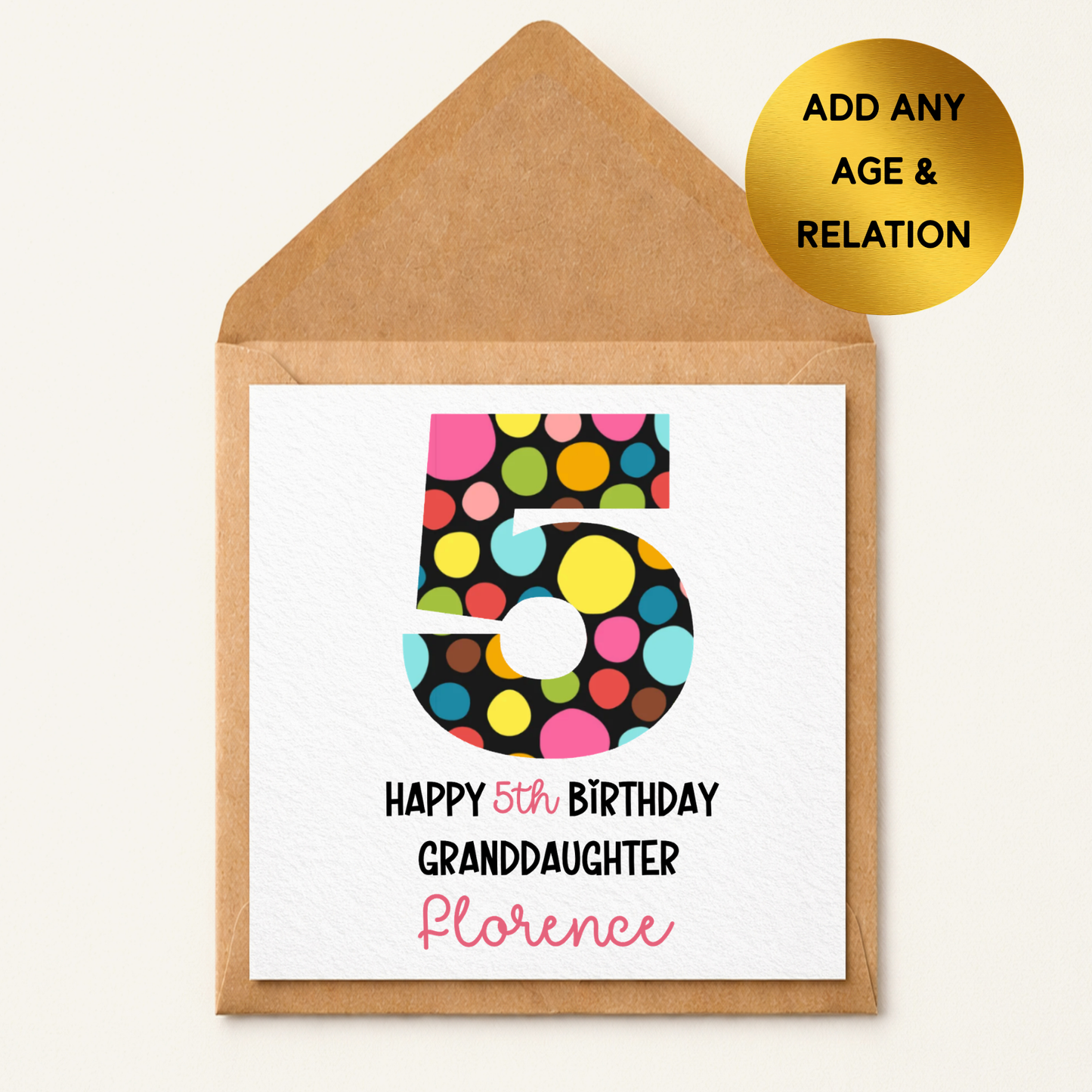 Personalised Age Birthday Card | Any Age Birthday Card | Custom Name & Relation Card | Colourful Polka Dot Number Birthday Card | Kids Birthday Card
