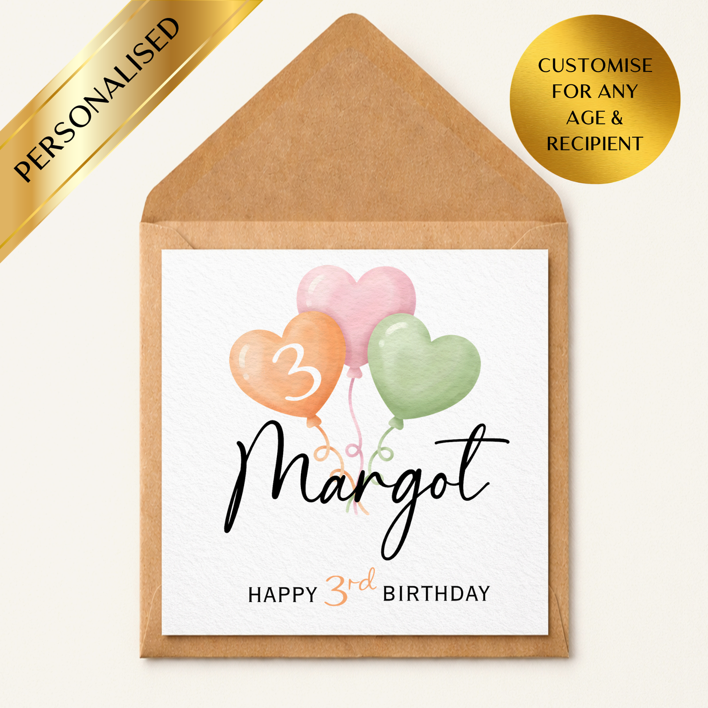 Personalised Birthday Card With Name | Any Age Heart Balloon Birthday Card | Custom Child Birthday Card | Girl Birthday Card | Cute Pastel Card