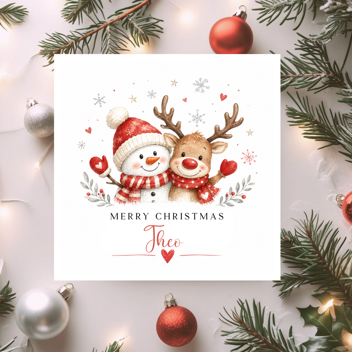 Personalised Kids Christmas Card, Snowman & Reindeer Christmas Card, Personalised Childrens Xmas Card, Son Daughter Grandchild Card