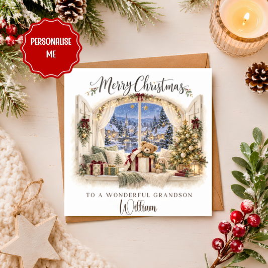 Personalised Christmas Card, Teddy Bear & Bunny Christmas Card, Cute Xmas Card for Son, From Mum Dad, Keepsake Christmas Card