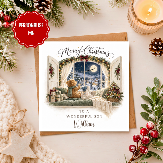 Personalised Christmas Card, Teddy Bear & Bunny Christmas Card, Cute Xmas Card for Son, From Mum Dad, Keepsake Christmas Card