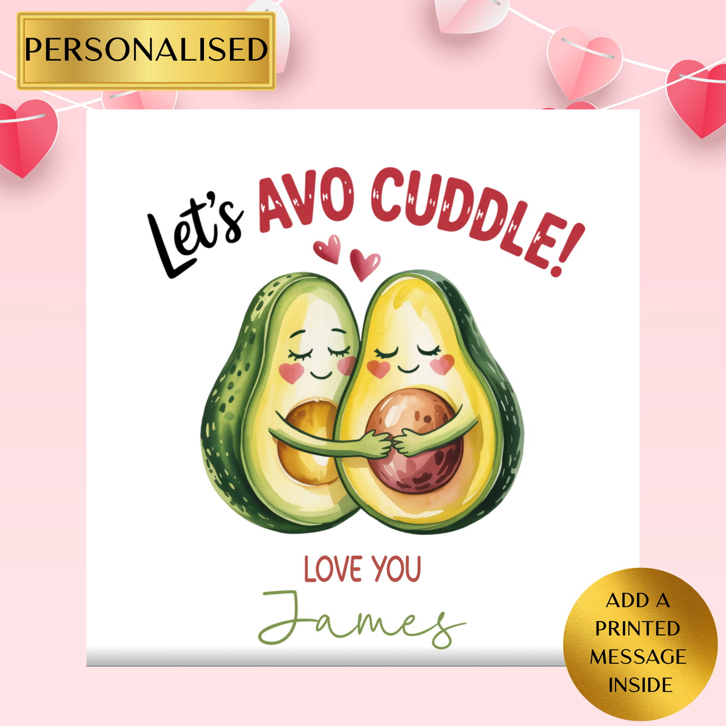 Personalised Avocado Valentine’s Card – “Let’s Avo Cuddle” Cute Love Card for Him or Her | Personalised Anniversary Card | Funny Card