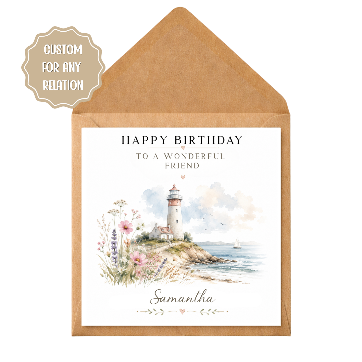 Personalised Lighthouse Birthday Card | Custom Friend Birthday Card | Coastal Watercolour Birthday Card | Any Relation Card | Nautical Card