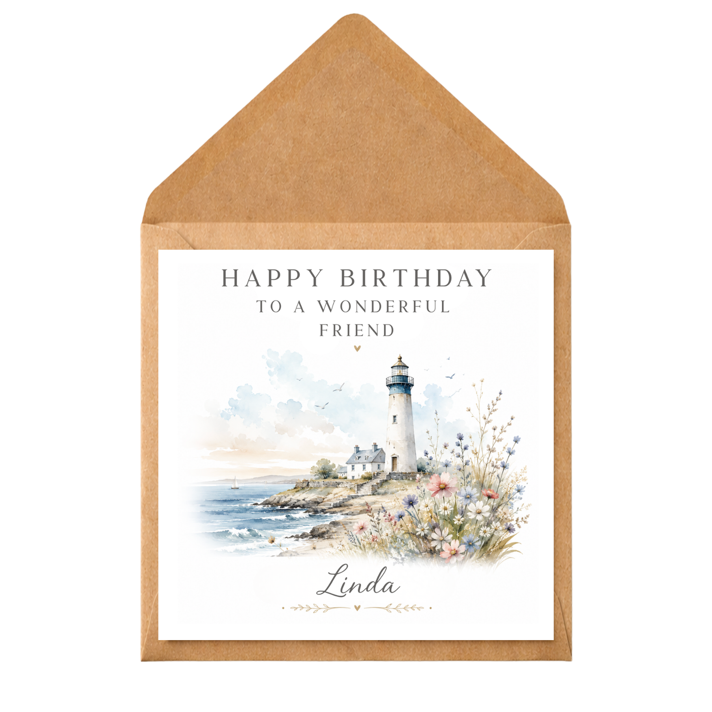 Personalised Lighthouse Birthday Card | Coastal Birthday Card for Friend | Watercolour Nautical Card | Custom Any Relation Greeting Card