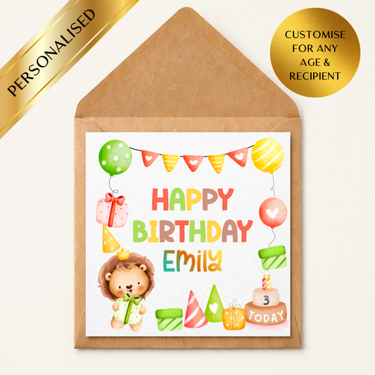 Personalised Kids Birthday Card | Cute Lion Birthday Card | Custom Name & Age Card | Children's Birthday Card | Boy or Girl Birthday | Animal Birthday Card