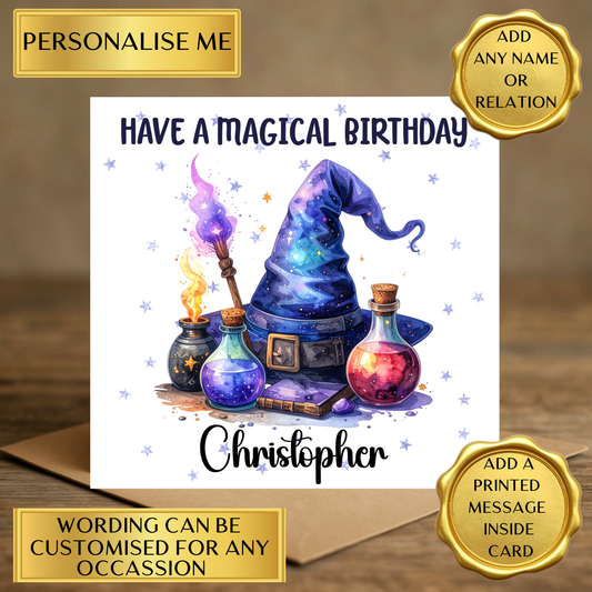 Personalised Magical Birthday Card | Wizard Theme Card | Fantasy Potion Card | Add Any Name/Relation | Kids Birthday | Boys Girls Card