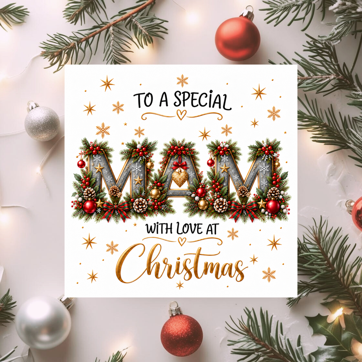 Mam Christmas Card, Special Mam Xmas Card, Christmas Card for Mam, With Love at Christmas, Traditional Festive Greeting Card