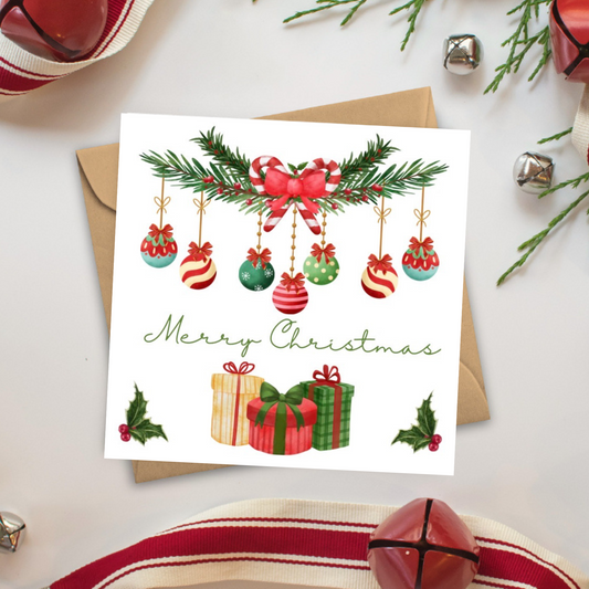 Merry Christmas Card – Festive Baubles & Presents Design – Traditional Holiday Greeting