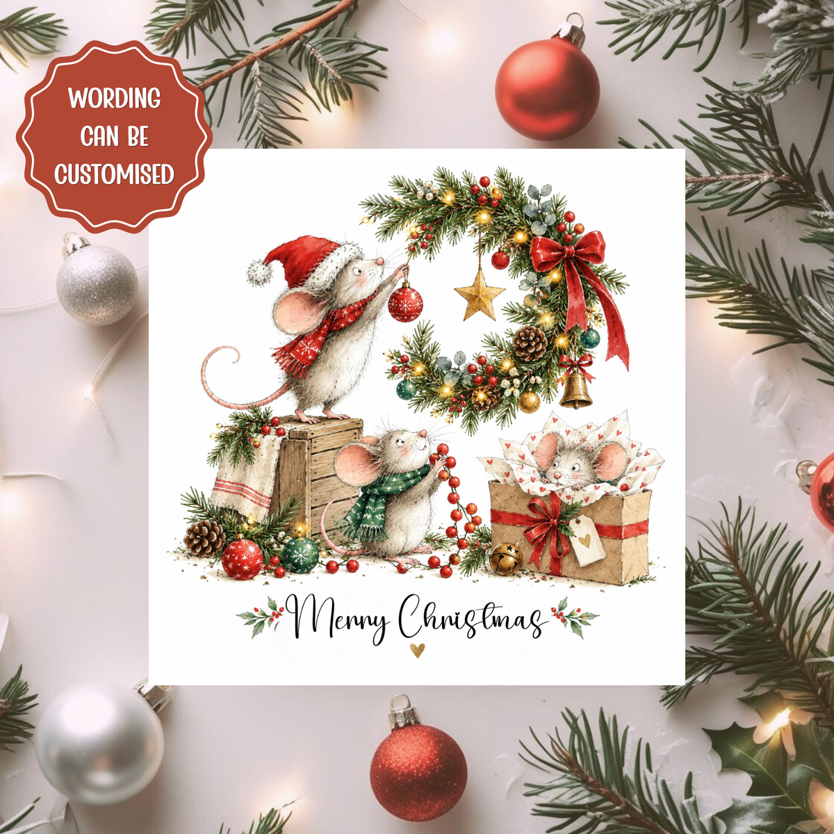 Personalised Family Christmas Card, Cute Mice Xmas Card, Custom Wording Card, Watercolour Christmas Card for the Whole Family