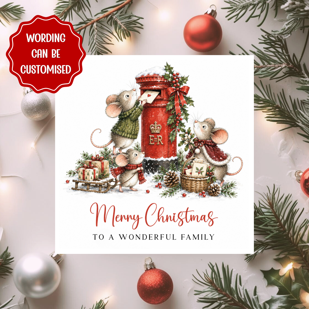 Personalised Family Christmas Card, Custom Wording Xmas Card, Cute Mice Christmas Card, Festive Card for Family, Friends or Couple