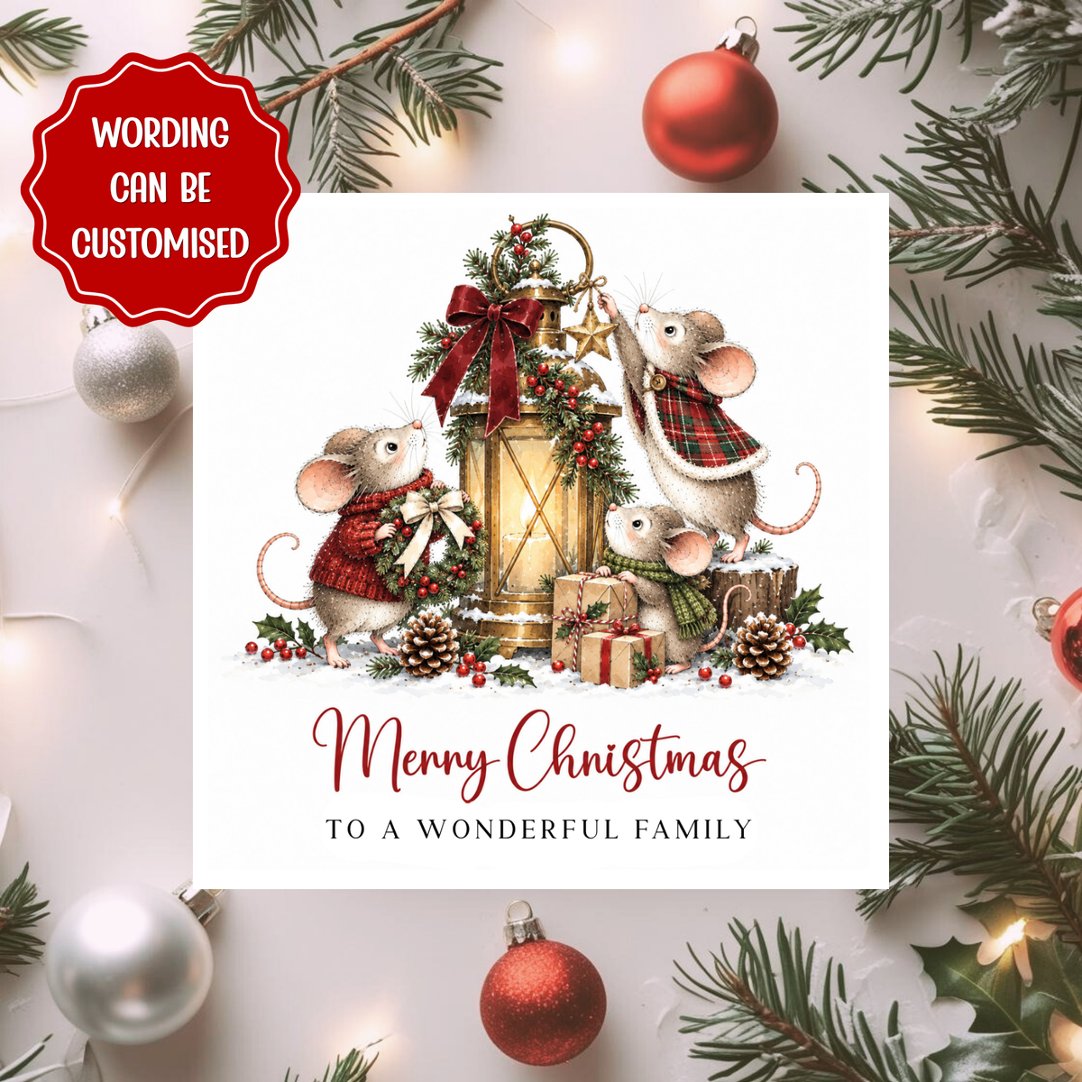 Personalised Family Christmas Card, Custom Wording Xmas Card, Cute Mice Christmas Card, Festive Card for Family, Friends or Couple