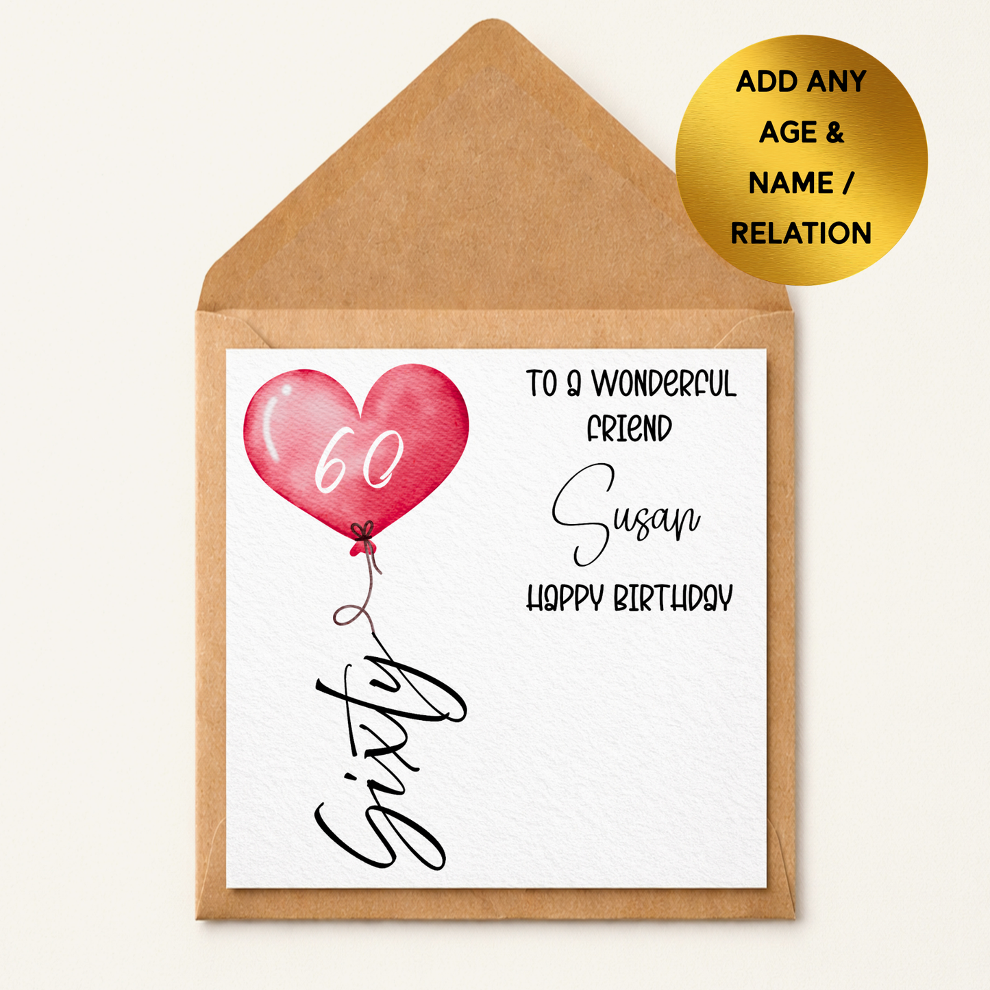 Personalised Birthday Card Any Age, Heart Balloon Card, Custom Name & Relation Card, Milestone Birthday 21st 30th 40th 50th 60th 70th Card