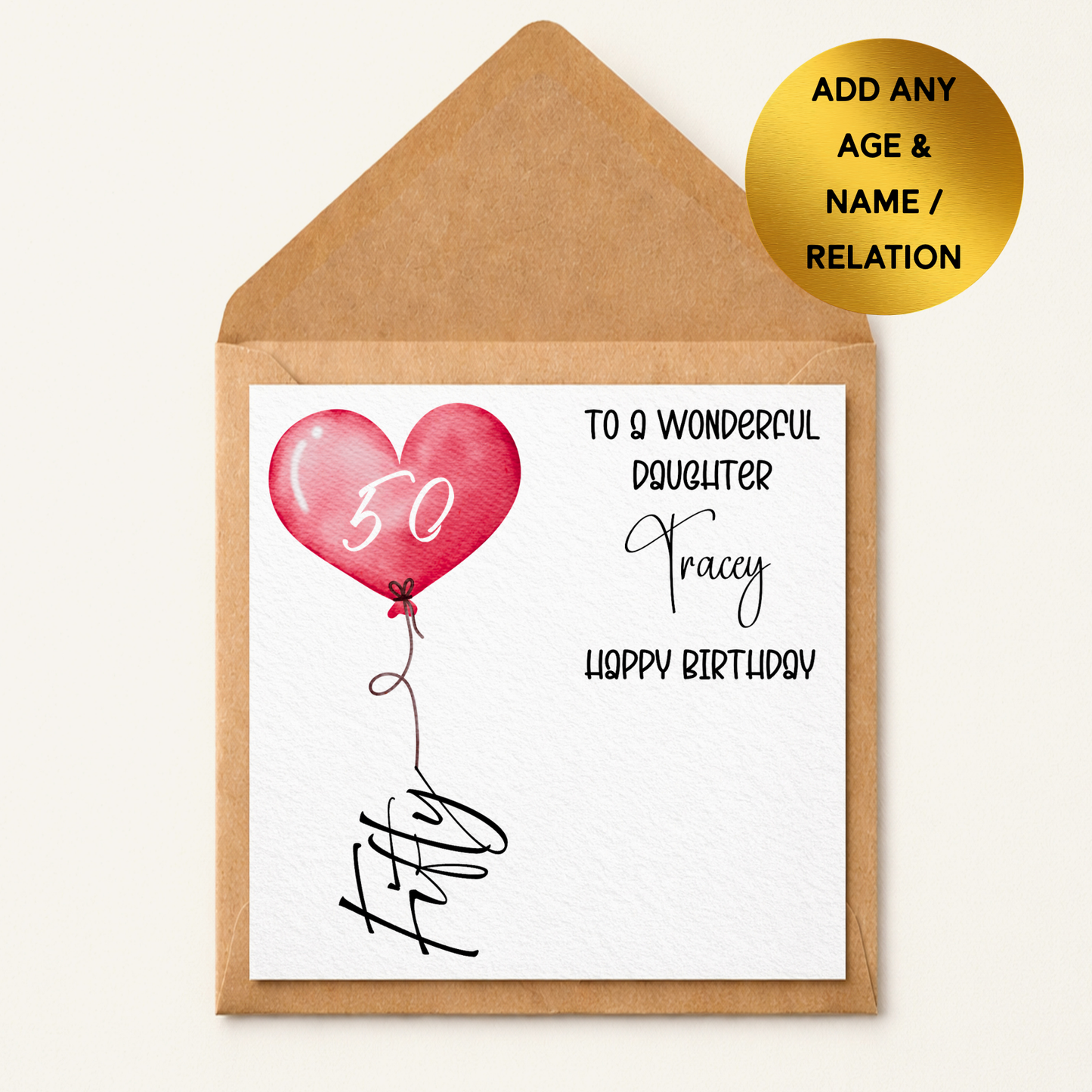 Personalised Birthday Card Any Age, Heart Balloon Card, Custom Name & Relation Card, Milestone Birthday 21st 30th 40th 50th 60th 70th Card