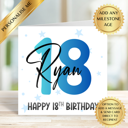 Personalised Milestone Birthday Card for Him | Any Age Custom Name | Modern Blue 18th 21st 30th 40th 50th 60th 70th 80th Birthday Card