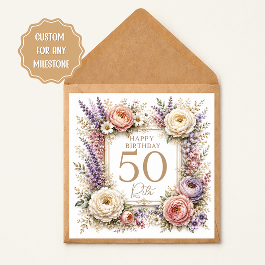 Personalised Milestone Birthday Card for Her, Any Age Birthday Card, Mum Nan Sister Daughter Wife Auntie Friend, Floral Birthday Card