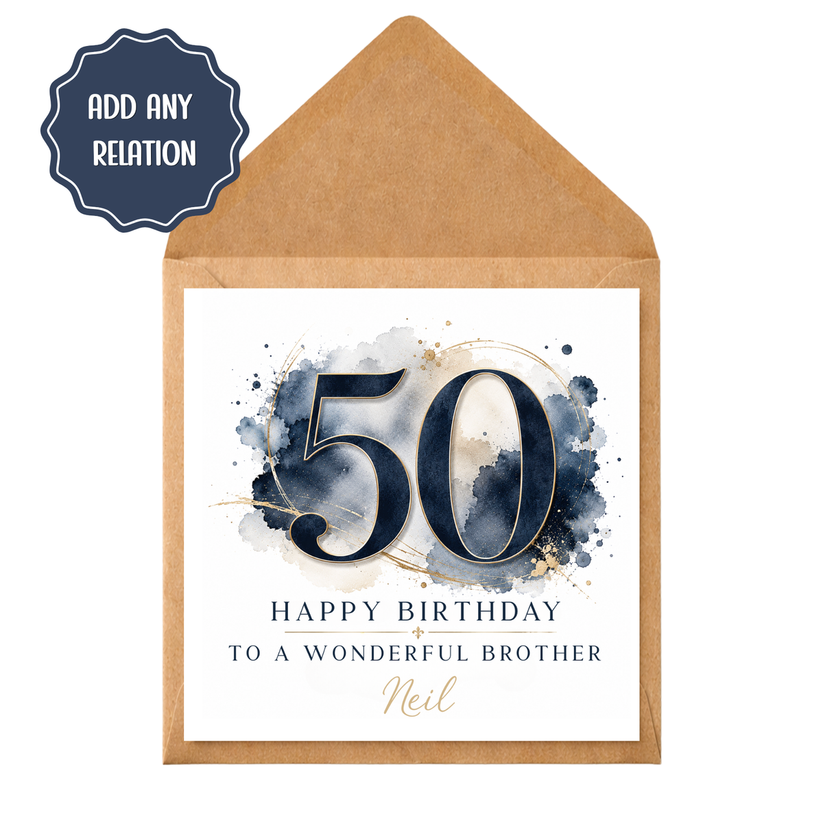 Personalised 50th Birthday Card for Him, Husband Son Brother, Navy Blue Gold 50th Milestone Birthday Card