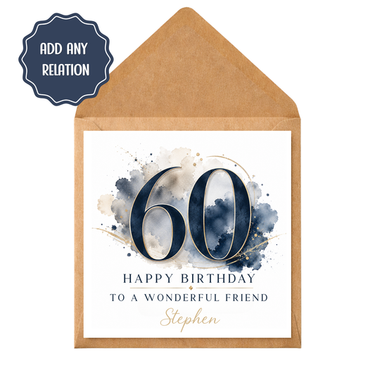 Personalised 60th Birthday Card for Him, Friend Husband Dad Brother, Navy Blue Gold Milestone Birthday Card