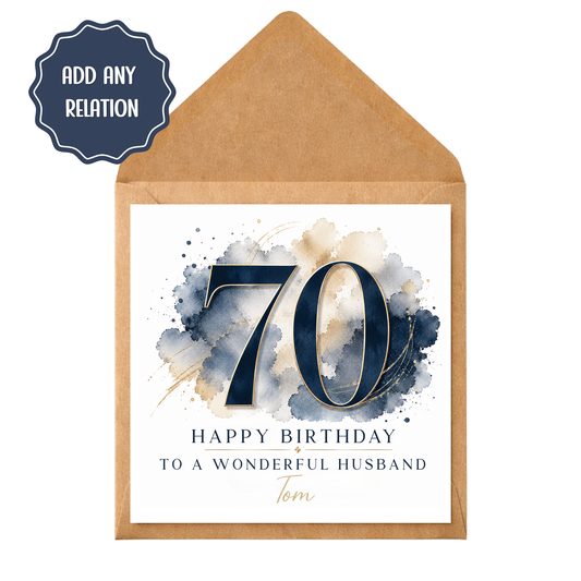 Personalised 70th Birthday Card for Him, Husband Dad Grandad Brother, Navy Blue Gold Milestone Birthday Card