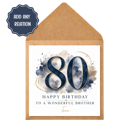 Personalised 80th Birthday Card for Him, Brother Dad Grandad Husband, Navy Blue Gold Milestone Birthday Card