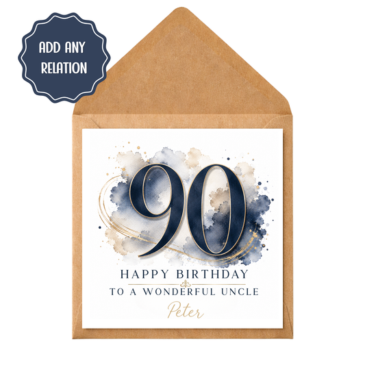 Personalised 90th Birthday Card for Him, Uncle Dad Grandad Brother, Navy Blue Gold Milestone Birthday Card
