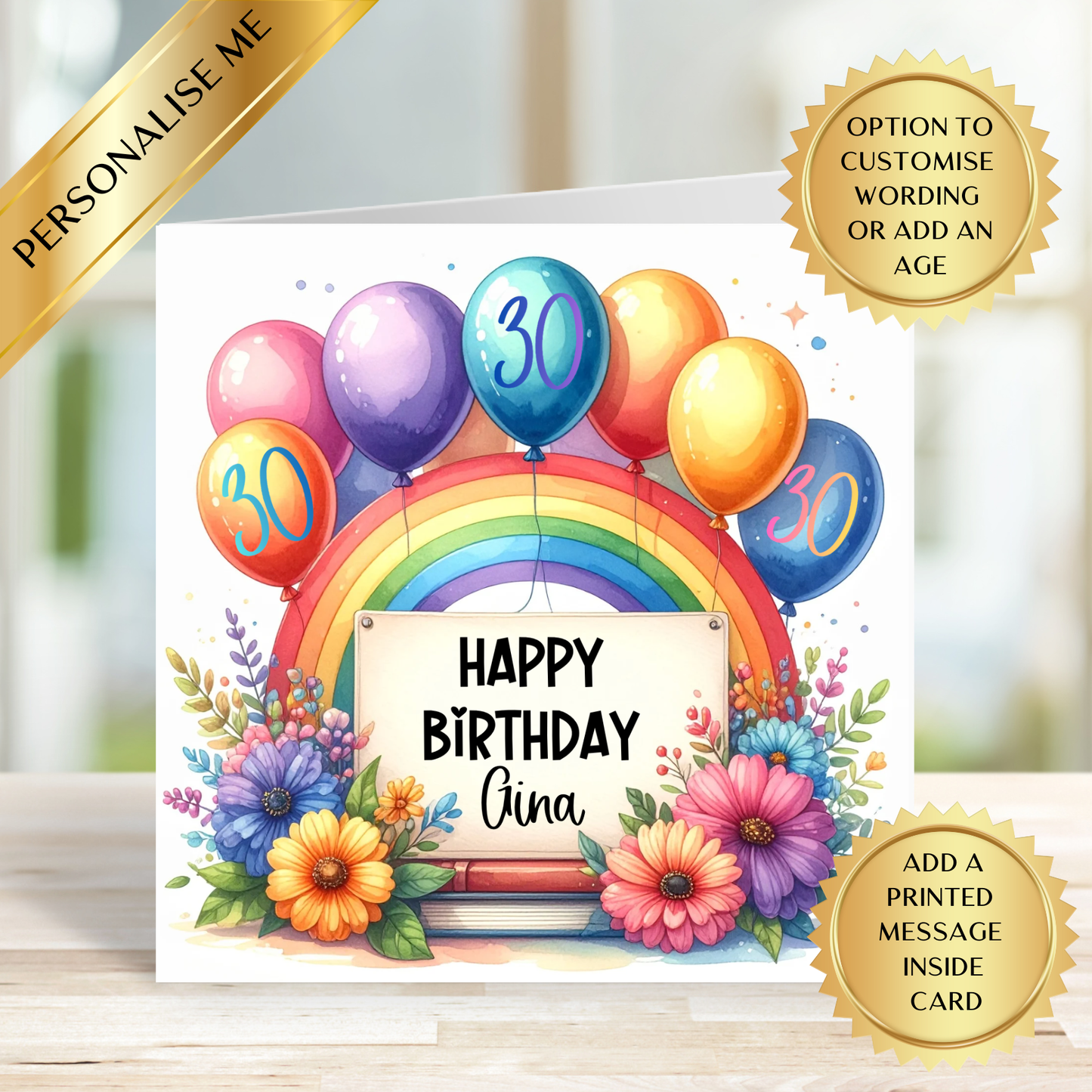 Personalised Rainbow Birthday Card - Vibrant Balloons & Floral Design for Any Age, Custom Name - Message, UK Designed - Printed