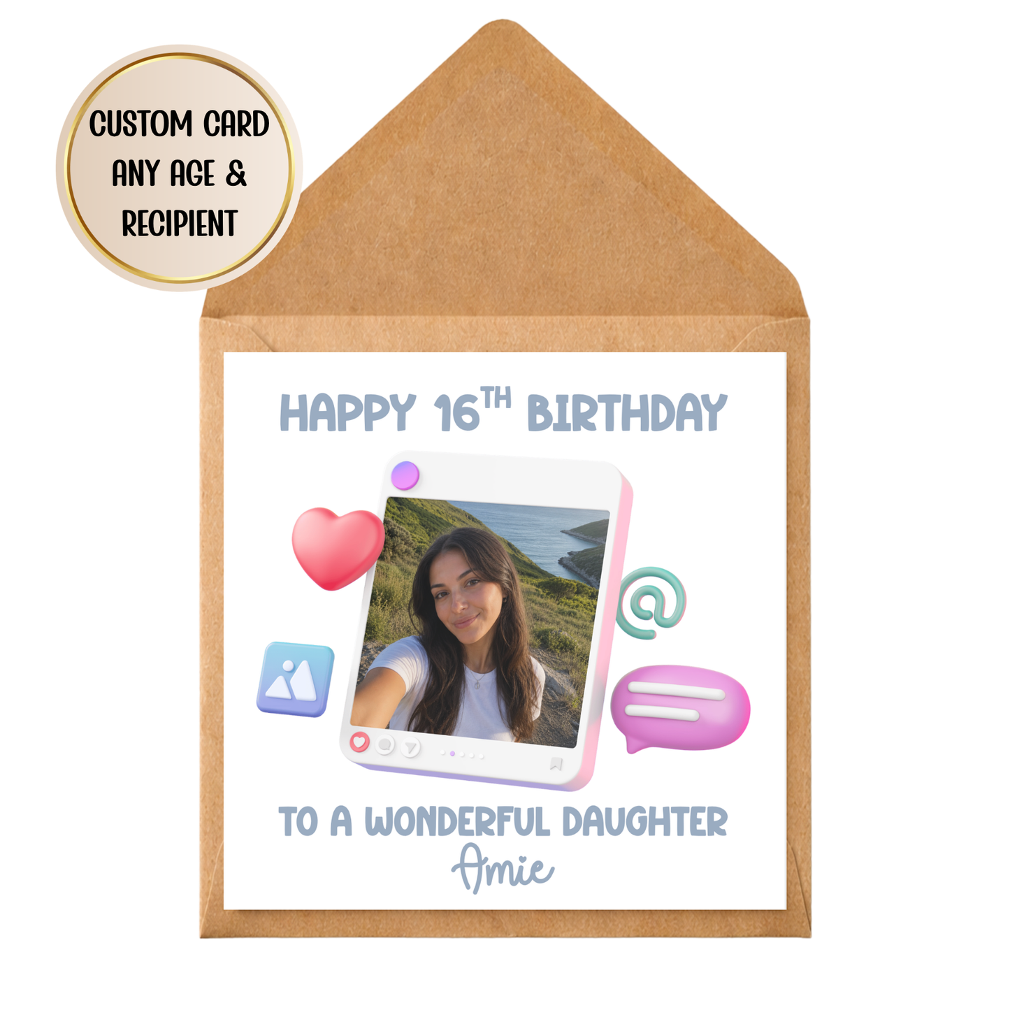 Personalised Social Media Birthday Card for Daughter | Custom Photo Birthday Card | Teen Girl 16th 18th 21st Birthday Card | Any Age