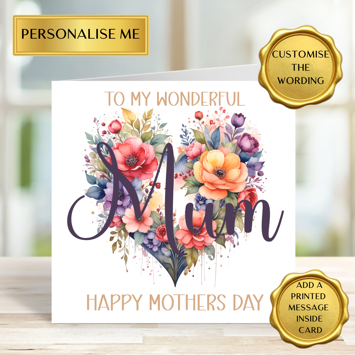 Elegant Floral Heart Personalised Mother’s Day Card with Custom Name - High Quality Printed Mum Card